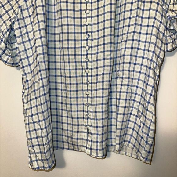 Philosophy Button Down Ruffle Sleeve White Blue Green Plaid Blouse Medium EUC - Picture 2 of 12